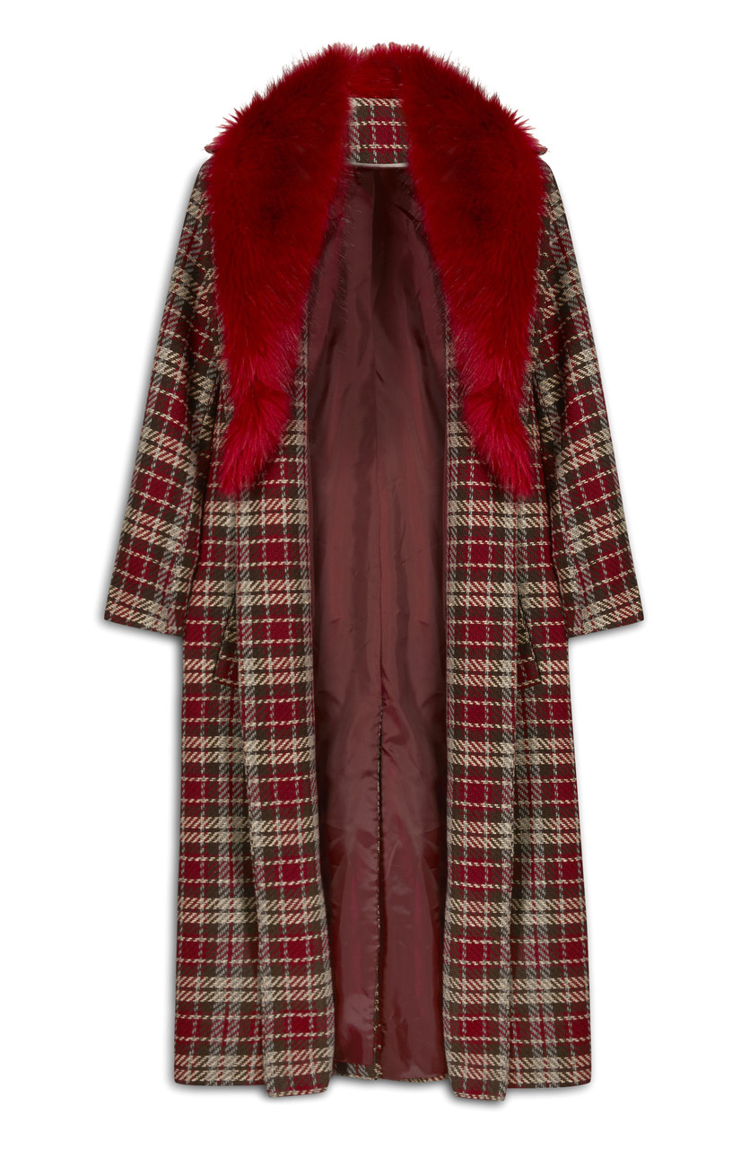 Primark_Long Red Check and Fur Collar Coat_Ôé¼40